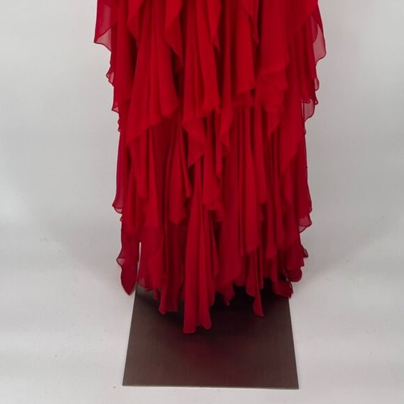 VINTAGE Red Silk Chiffon Pleated Bodice Gown - Picture 3 of 3